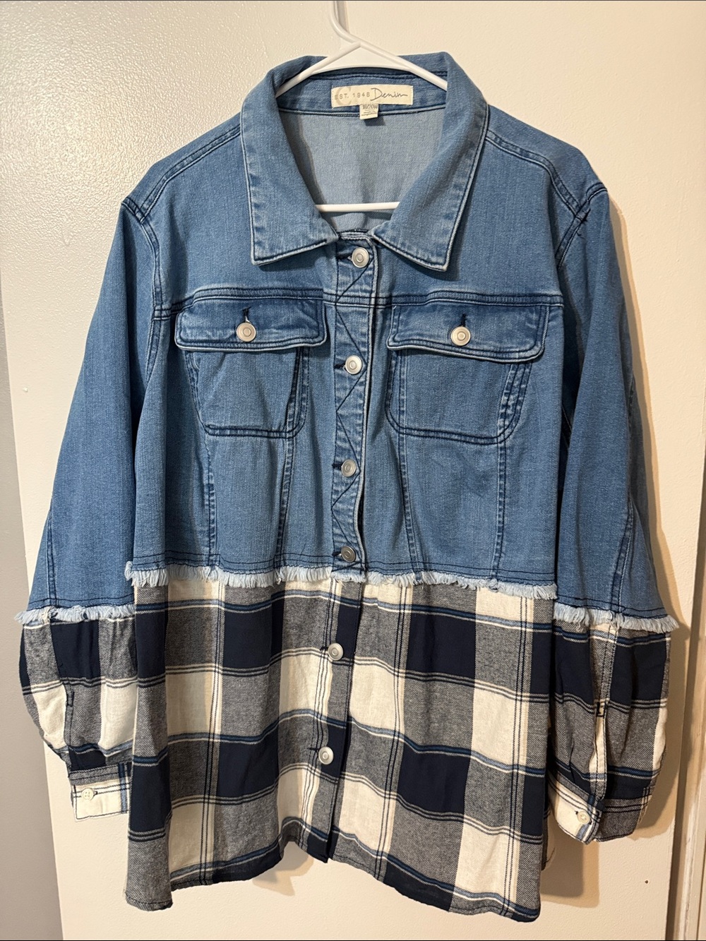Denim and Navy Plaid Button-Up Shacket